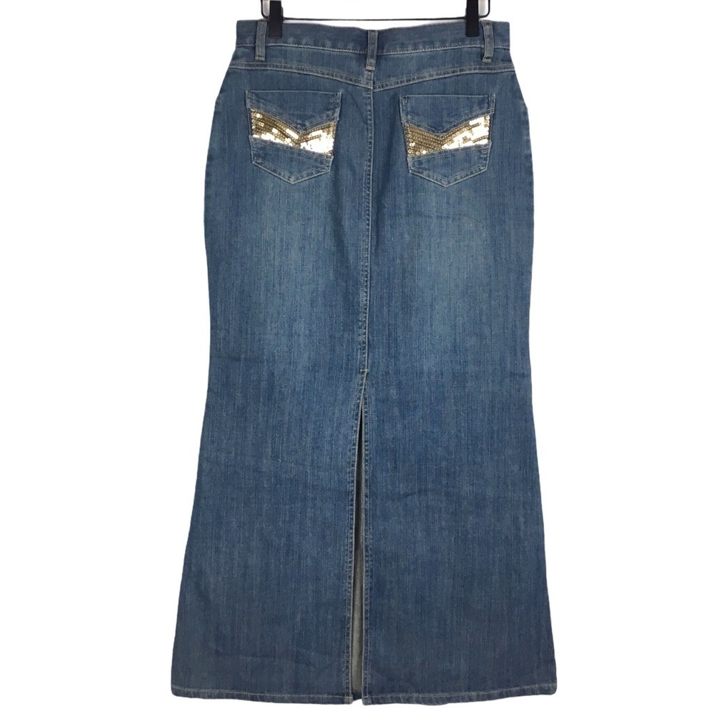 STYLE J Denim Jean Maxi Skirt Long Sequin Y2K Boho Fairy Core Embroidered Size 8 - Picture 6 of 12